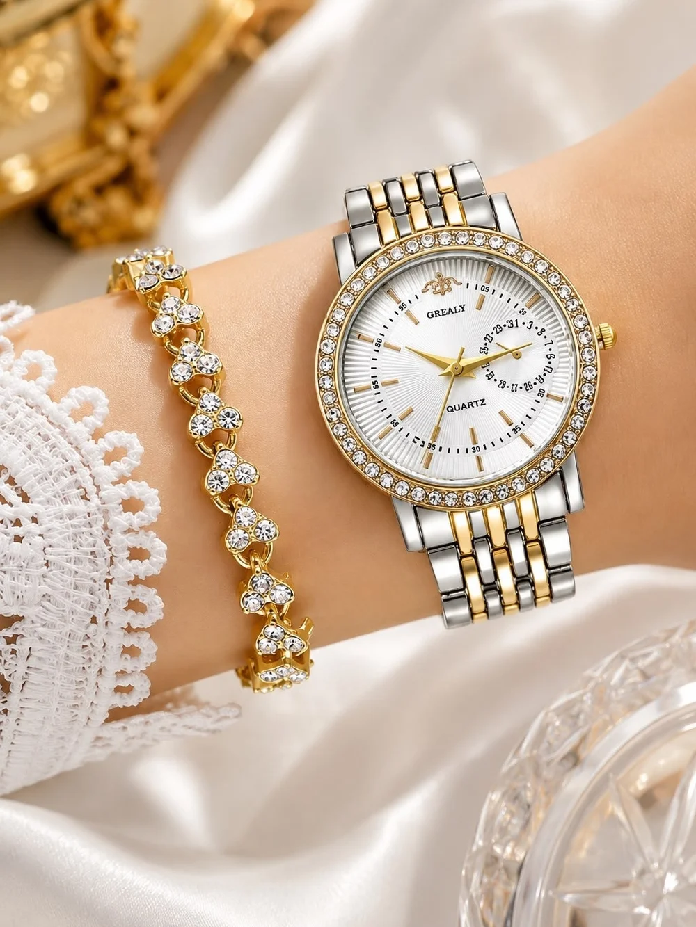 Two-Tone Gold & Silver Crystal Women's Quartz Watch